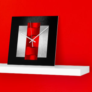 Geometry Modern Red Grått Silver Black Oriental VI Fyrkantig Klocka