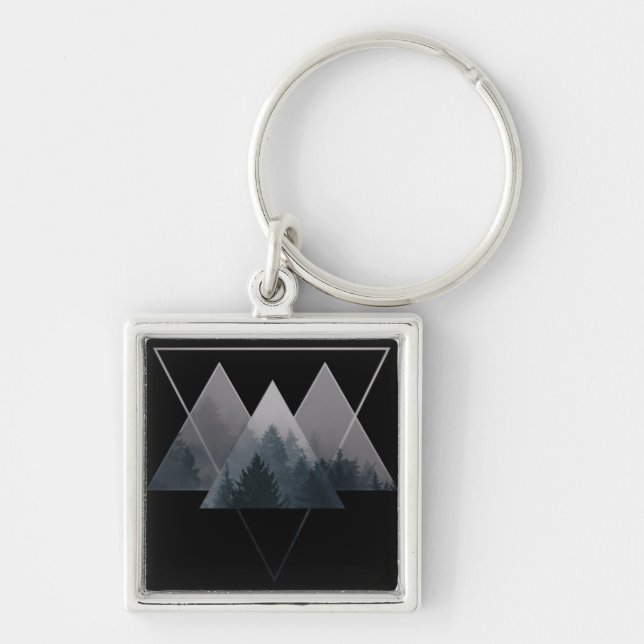 Geometry Triangles Misty Fores Fyrkantig Silverfärgad Nyckelring (Framsidan)
