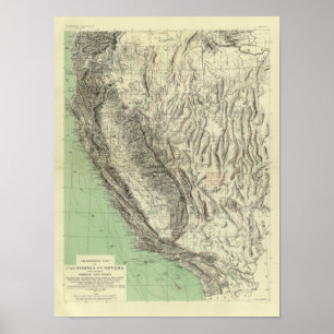 Geomorphic karta, Kalifornien, Nevada Poster