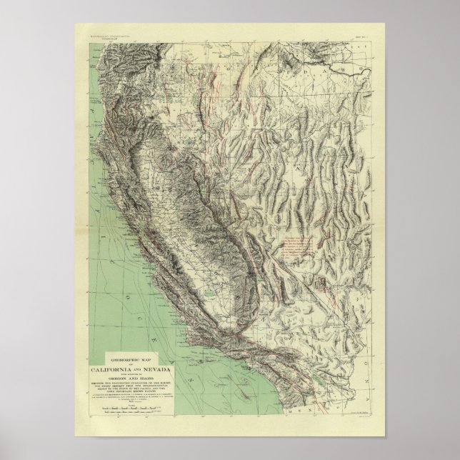 Geomorphic karta, Kalifornien, Nevada Poster (Framsidan)