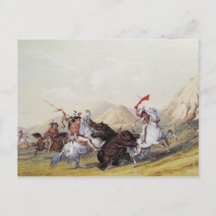 George Catlin - Attacking of Grizzly Bear Vykort