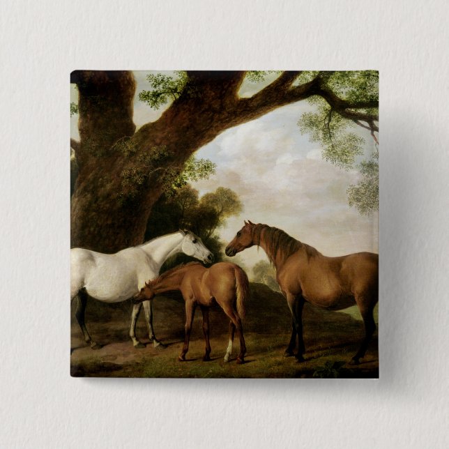 George Stubbs | två Shafto Mares och ett föl, 1774 Knapp (Framsida)