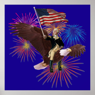 George Washington Riding an Eagle med en Flagga Poster