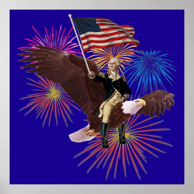 George Washington Riding an Eagle med en Flagga Poster (Framsidan)