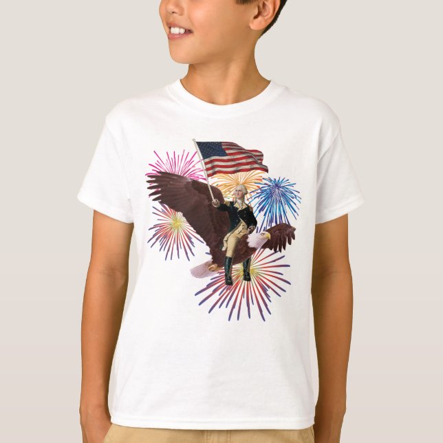 George Washington Riding an Eagle med en Flagga T Shirt (Framsida)