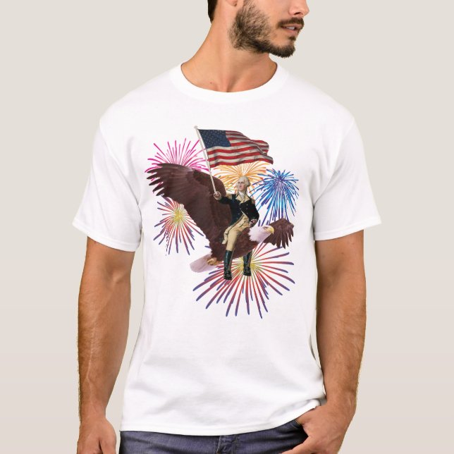 George Washington Riding an Eagle med en Flagga T Shirt (Framsida)