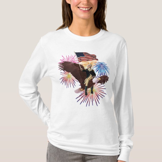 George Washington Riding an Eagle med en Flagga T Shirt (Framsida)