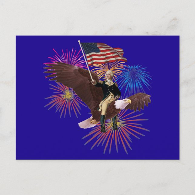 George Washington Riding an Eagle med en Flagga Vykort (Framsida)