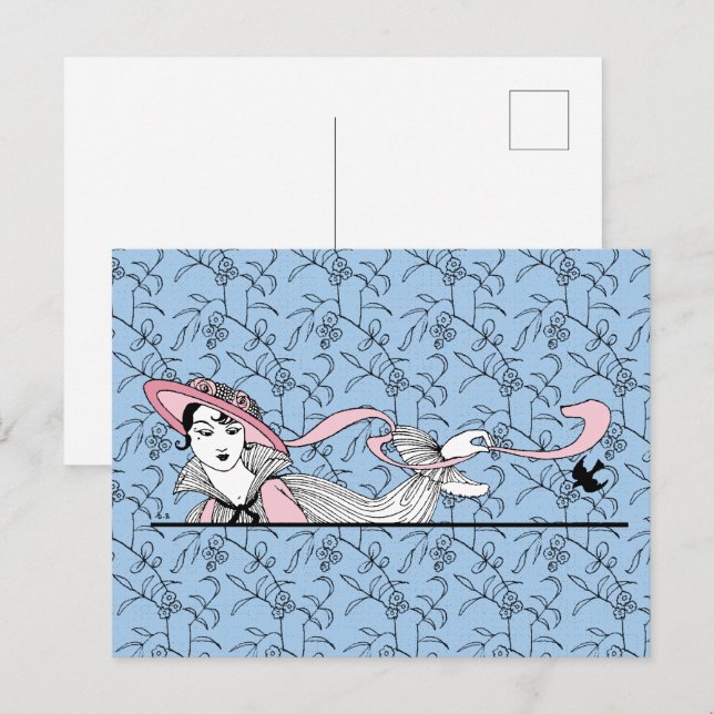 Georges Barbier 1920-talet Mode Dam och Bird Vykort (Fram/baksida)
