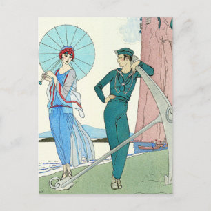 Georges Barbier Dam vid Beach Postcard Vykort