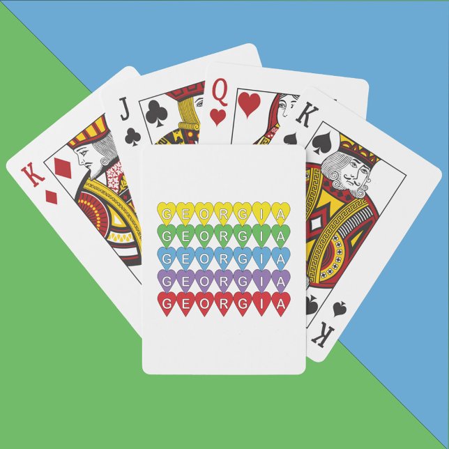 Georgia Färgglada Hjärtan Casinokort (A deck of playing cards that say Georgia inside yellow, green, blue, purple and red hearts.)
