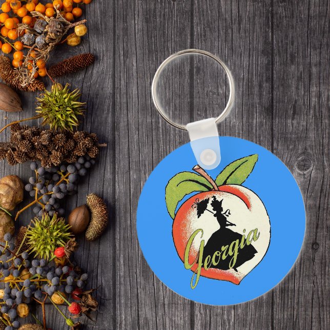 Georgia Peach Keychain Nyckelring (Southern bell lady silhouette on peach with Text Georgia on vibrant blue keychain.)