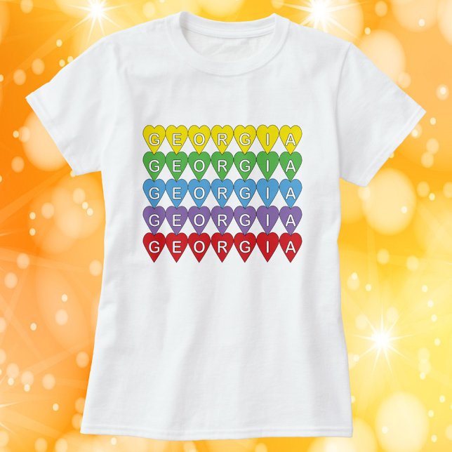 Georgia Rainbow Hearts T Shirt (A shirt that says Georgia in yellow, green, blue, purple and red hearts.)