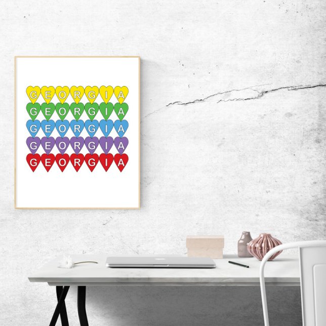 Georgia Regnbågs Hjärtan Poster (A poster of yellow, green, blue, purple and red hearts that say Georgia inside.)