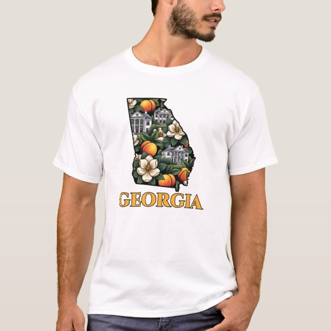 Georgia State Outline with Peacher tattoo stil T Shirt (Framsida)