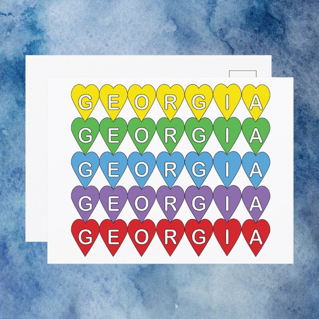 Georgia US State Hearts Rainbow Vykort (A postcard that says Georgia in colorful hearts.)