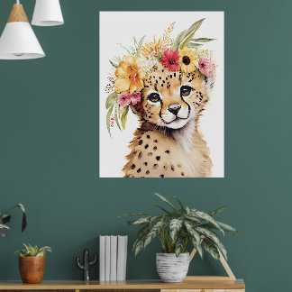 Gepard Blomkrona Konsttryck Akvarell Barnkammare Poster