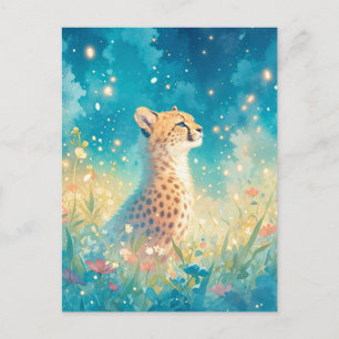 Gepard i Magisk Stjärnklar Natt med Vilda Blommor Vykort
