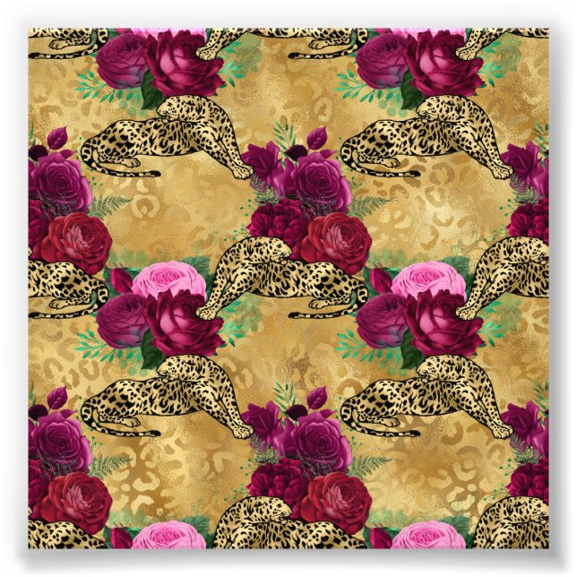 Gepard Leopard Röd Ros Blommig Blomma Mönster Fototryck (Framsidan)