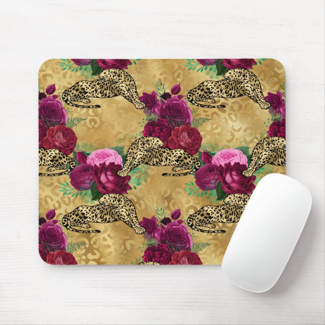 Gepard Leopard Röd Ros Blommig Blomma Mönster Musmatta (Med mus)