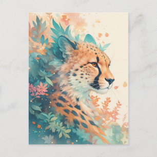 Gepard med livlig tropisk växtlighet och blad vykort