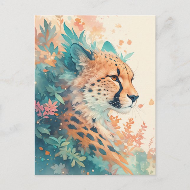 Gepard med livlig tropisk växtlighet och blad vykort (Framsida)