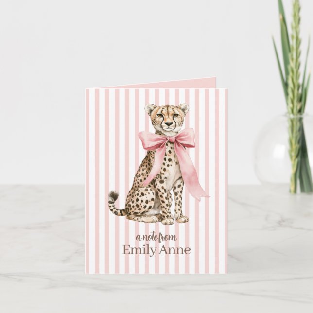 Gepard med rosa rosett och randigt monogram anteckningskort (Framsida)