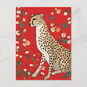 Gepard på en röd bakgrund med blommor vykort