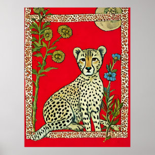 Gepard på röd bakgrund med blommor poster
