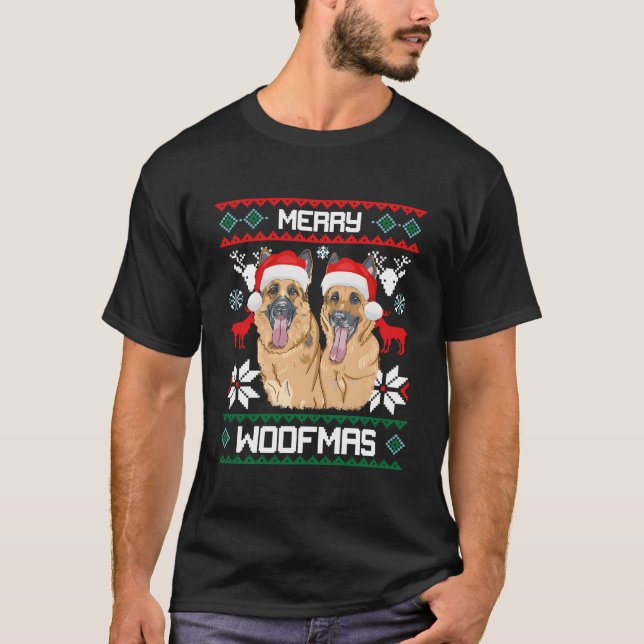 Ger Shepherd Merry Woofmas for T Shirt (Framsida)
