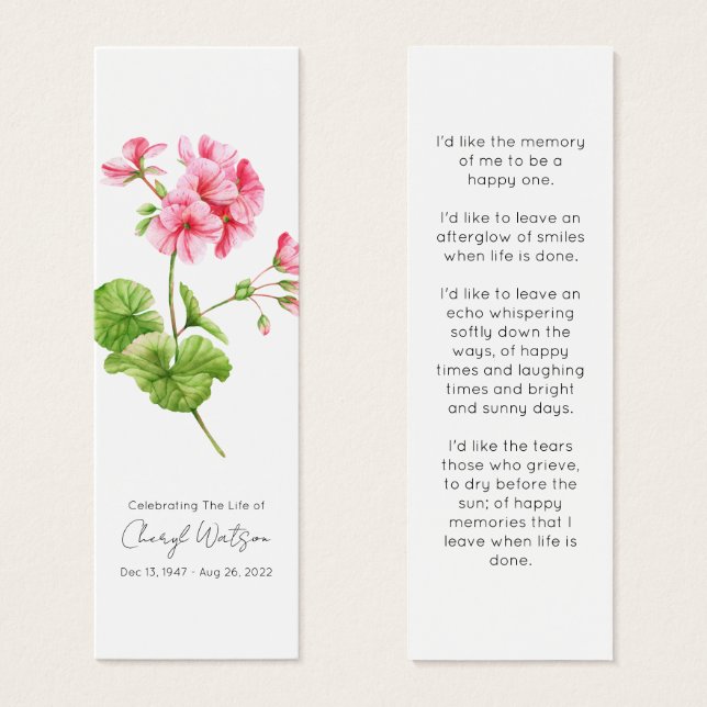 Geranium | Enkel minnesmärke för begravning - Mini Litet Visitkort (Framsida & baksida)
