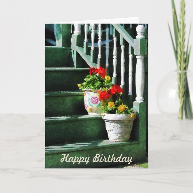 Geraniums and Pansies on Steps - Birthday Kort (Framsida)