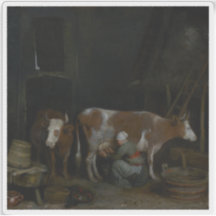 Gerard Borch - Maid Milking a Cow in a Barn