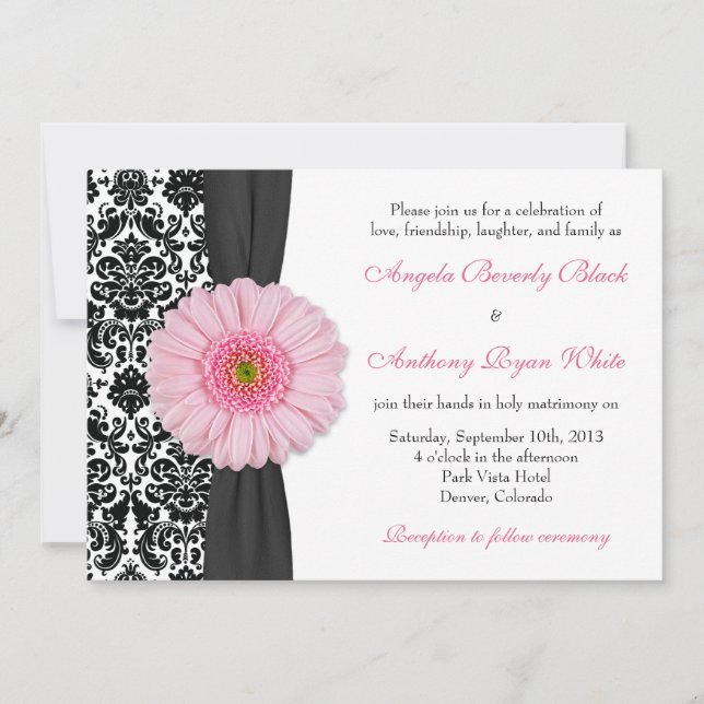 Gerber Daisy Blek Rosa Black White Damask Wedding Inbjudningar (Framsida)