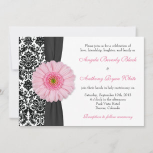 Gerber Daisy Blek Rosa Black White Damask Wedding Inbjudningar