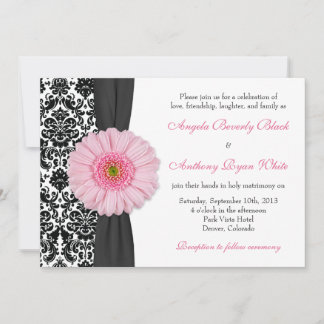 Gerber Daisy Blek Rosa Black White Damask Wedding Inbjudningar
