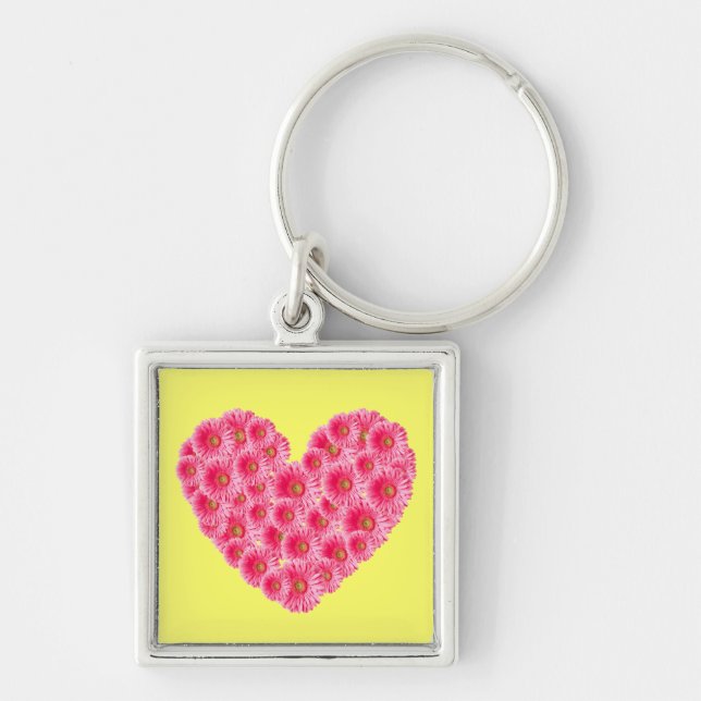 Gerber Daisy Heart Fyrkantig Silverfärgad Nyckelring (Framsidan)