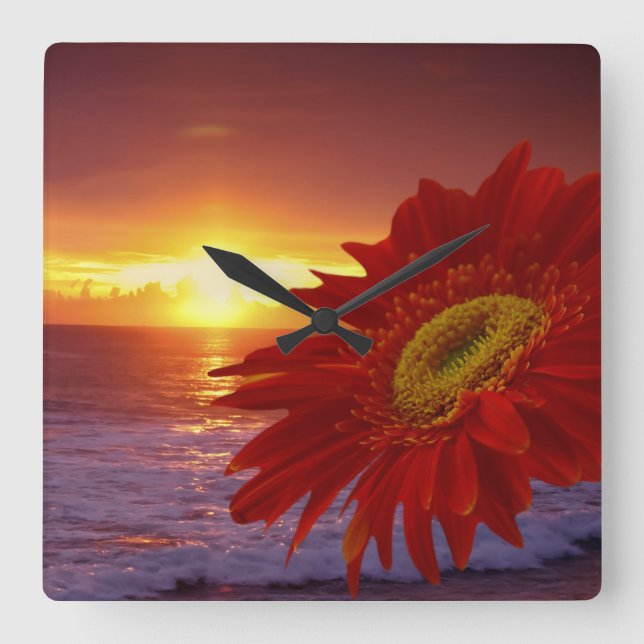 Gerber Daisy och solnedgång Fyrkantig Klocka (Framsida)