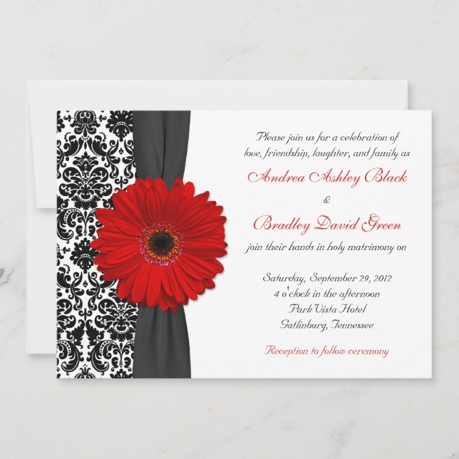 Gerber Daisy Red Black White Damask Wedding Inbjudningar (Framsida)