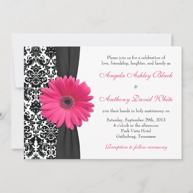 Gerber Daisy Rosa Black White Damask Wedding Inbjudningar (Framsida)