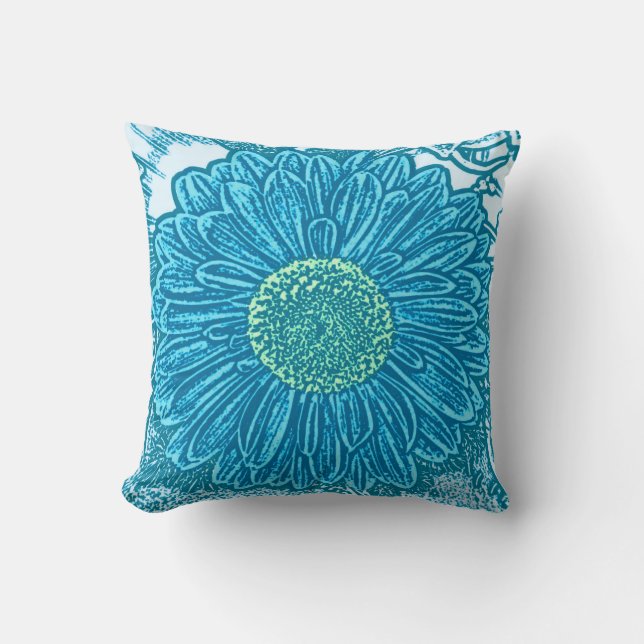 Gerbera Daisy Block Print - cerulean blue Kudde (Framsida)