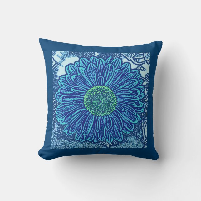 Gerbera Daisy Block Print, Cerulean & Indigo Blue Kudde (Framsida)