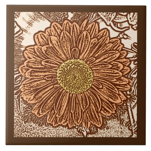 Gerbera Daisy Block Print, Chocolate Brown och Tan Kakelplatta (Framsidan)
