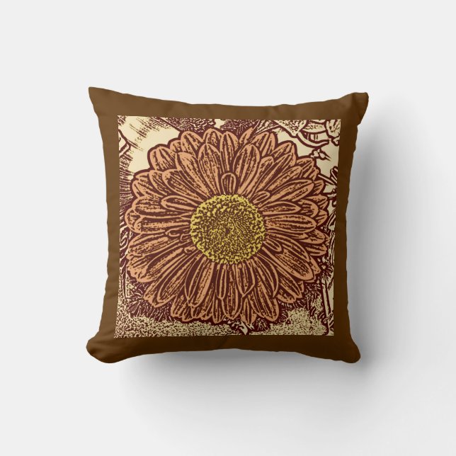 Gerbera Daisy Block Print, Chocolate Brown och Tan Kudde (Framsida)