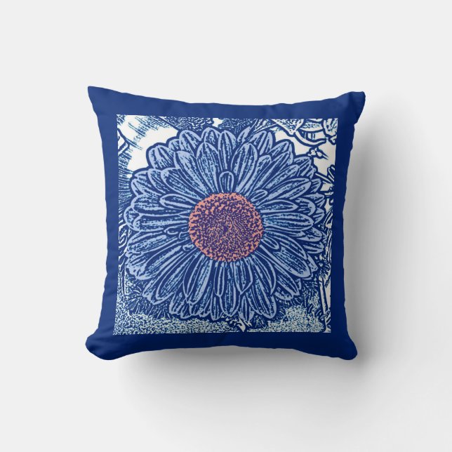 Gerbera Daisy Block Print, Cobalt and Himlar Blue Kudde (Framsida)