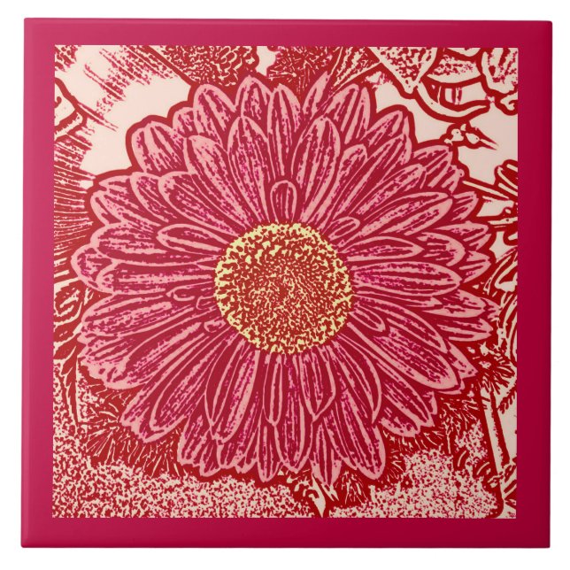 Gerbera Daisy Block Print, Coral and Peach Kakelplatta (Framsidan)