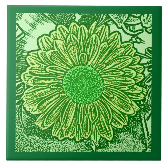 Gerbera Daisy Block Print, Emerald and Lime Green Kakelplatta (Framsidan)