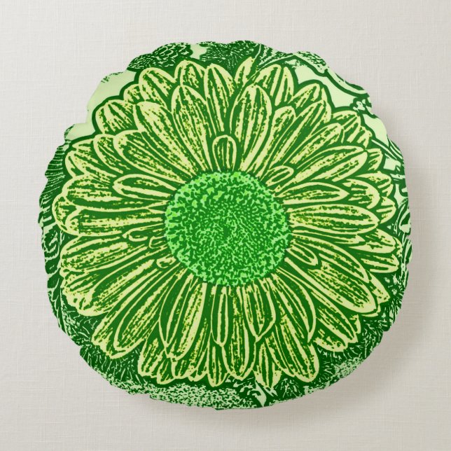 Gerbera Daisy Block Print, Emerald & Lime Green Rund Kudde (Framsidan)