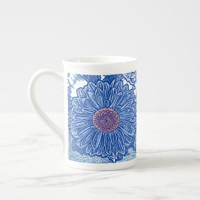 Gerbera Daisy Block Print - koboltblått Benporslin Mugg (Vänster)
