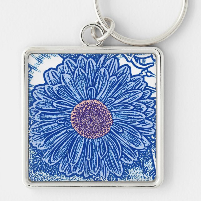 Gerbera Daisy Block Print - koboltblått Fyrkantig Silverfärgad Nyckelring (Framsidan)